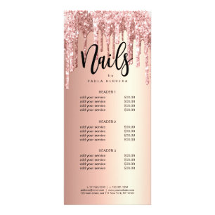 Elegant copper rose gold glitter drips nails rack card