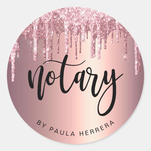 Elegant copper rose gold glitter drips notary  classic round sticker (Front)