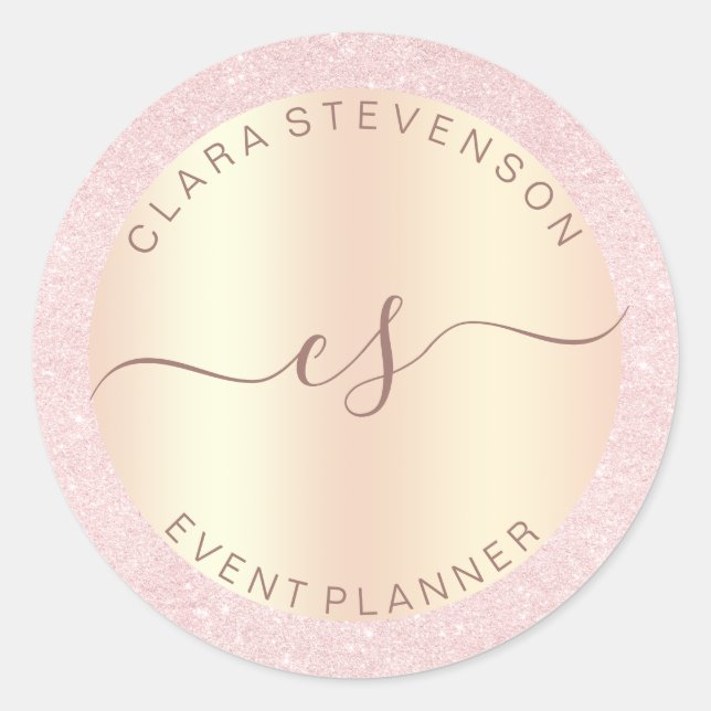 Elegant copper rose gold & glitter event planner classic round sticker (Front)