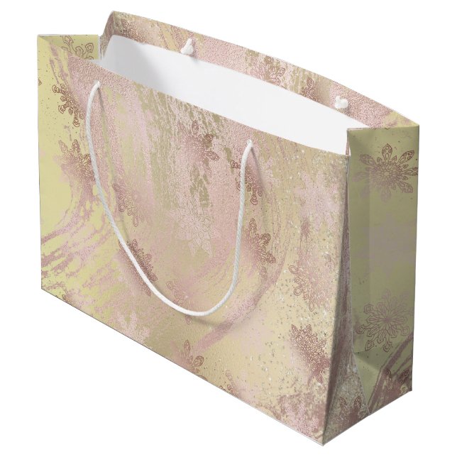 Elegant copper rose gold glitter marble snowflakes large gift bag (Back Angled)