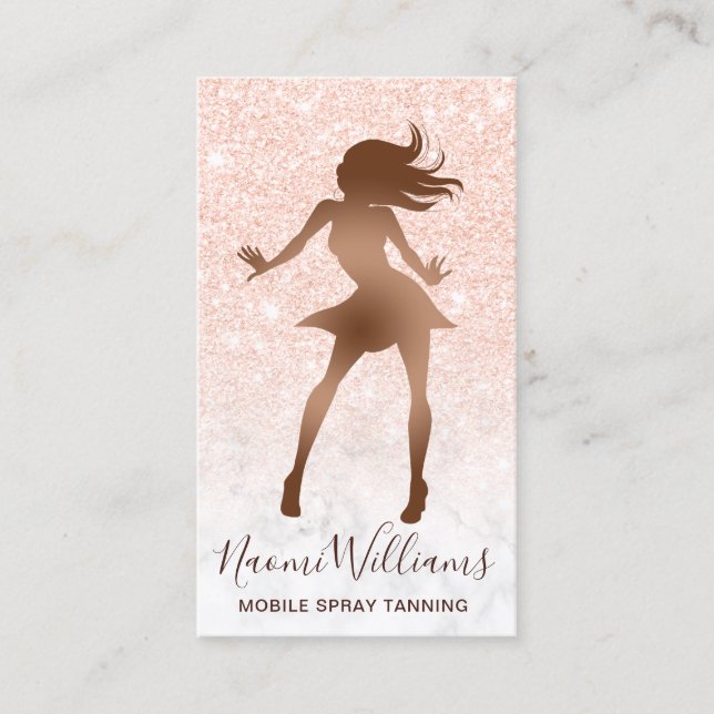 Elegant copper rose gold glitter marble spray tans business card (Front)