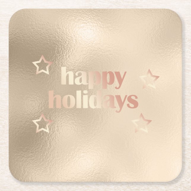 Elegant copper rose gold Happy Holidays Christmas Square Paper Coaster (Front)