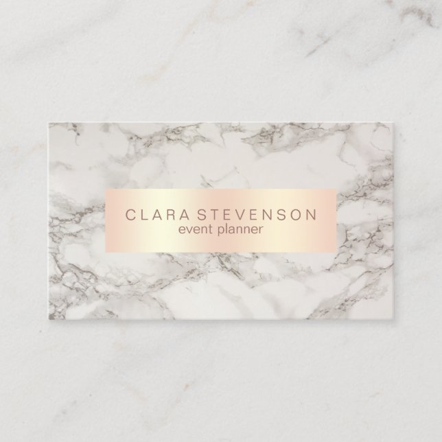 Elegant copper rose gold & marble event planner business card (Front)