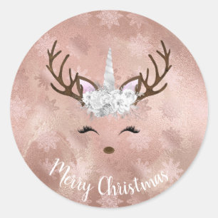 Elegant copper rose gold marble unicorn reindeer classic round sticker