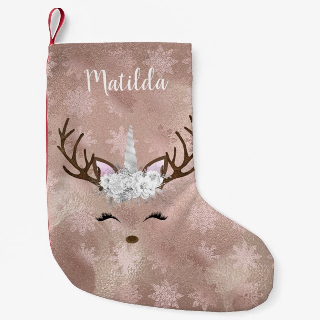 Elegant copper rose gold marble unicorn reindeer small christmas stocking (Front)