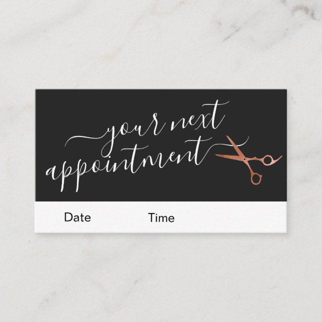 Elegant copper rose gold scissors hairstylist appointment card (Front)