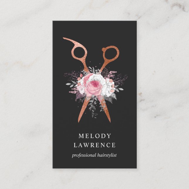 Elegant copper rose gold scissors hairstylist business card (Front)