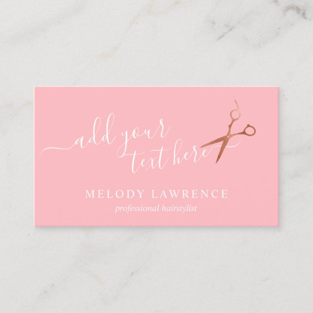 Elegant copper rose gold scissors hairstylist business card (Front)