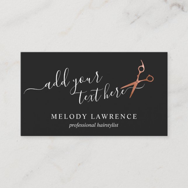 Elegant copper rose gold scissors hairstylist business card (Front)