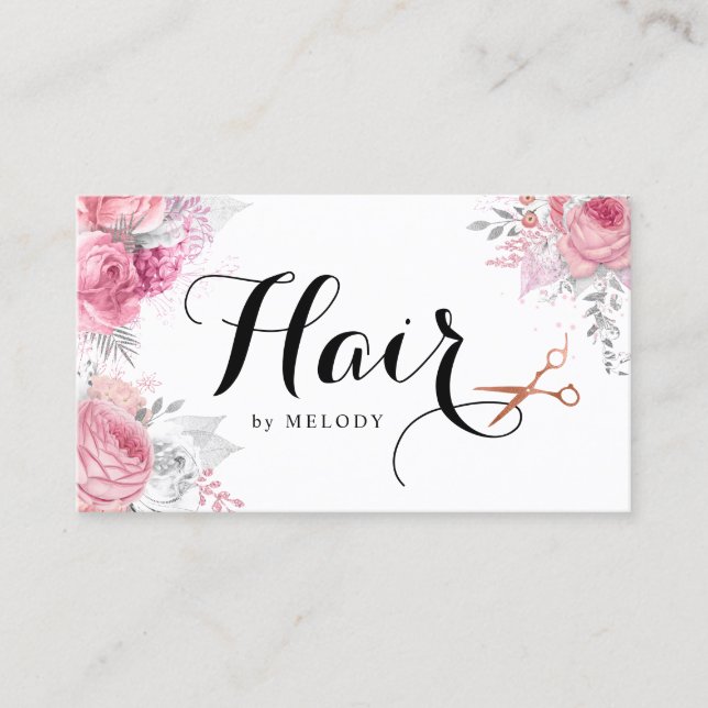 Elegant copper rose gold scissors hairstylist business card (Front)