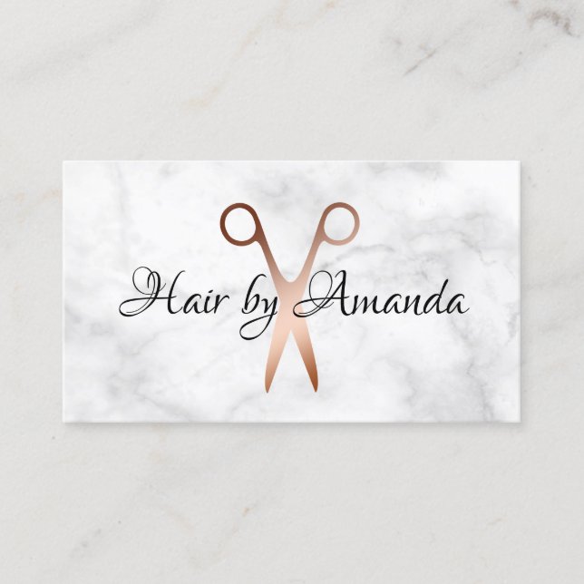 Elegant copper rose gold scissors hairstylist business card (Front)