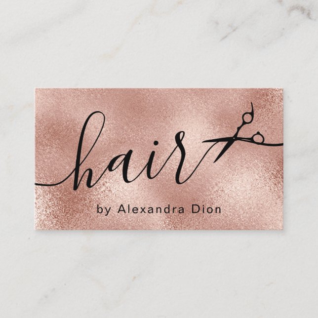 Elegant copper rose gold scissors hairstylist business card (Front)