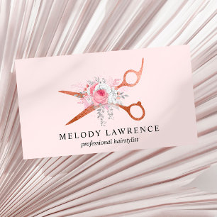 Elegant copper rose gold scissors hairstylist business card