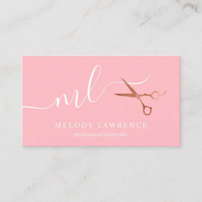 Elegant copper rose gold scissors hairstylist business card (Front)