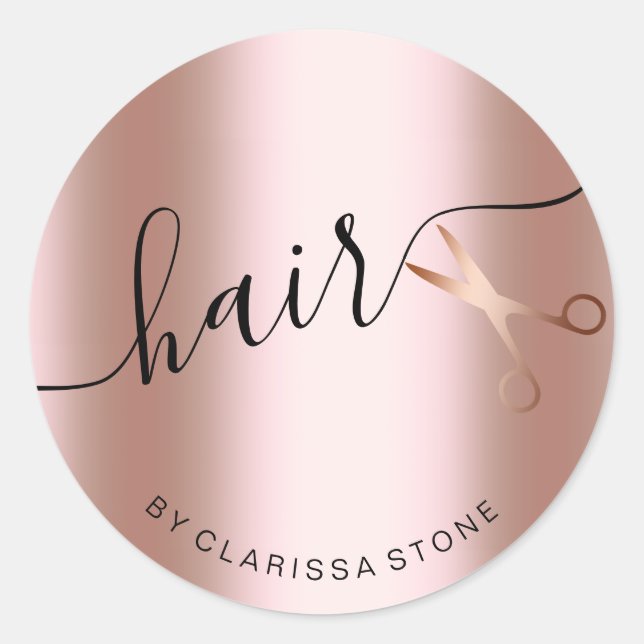Elegant copper rose gold scissors hairstylist classic round sticker (Front)