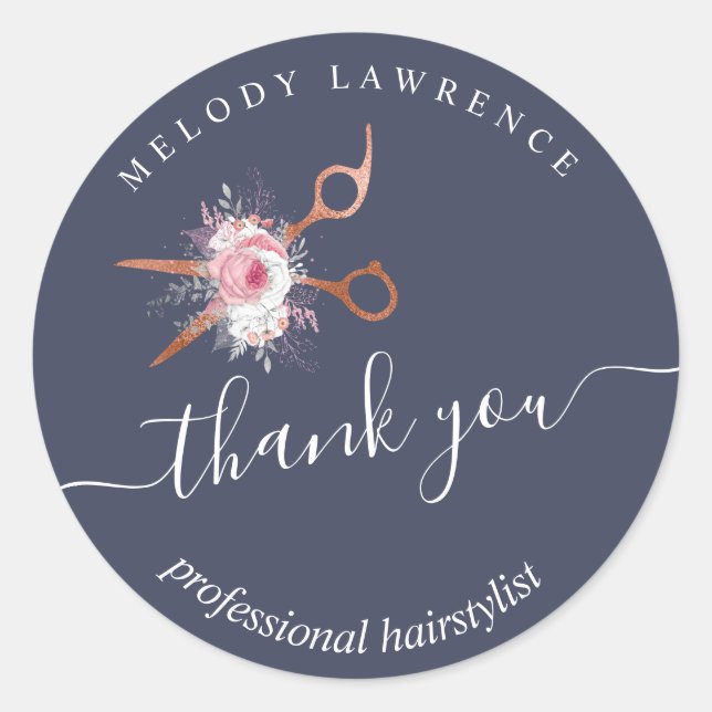 Elegant copper rose gold scissors hairstylist classic round sticker (Front)