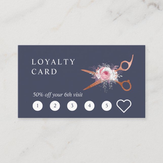 Elegant copper rose gold scissors hairstylist loyalty card (Front)