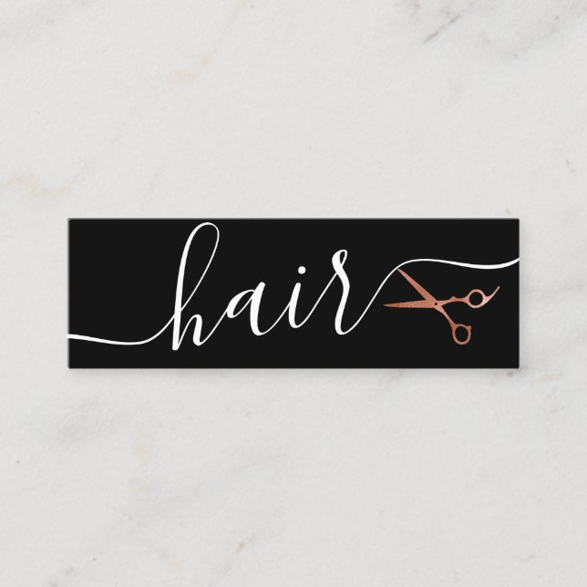 Elegant copper rose gold scissors hairstylist mini business card (Front)