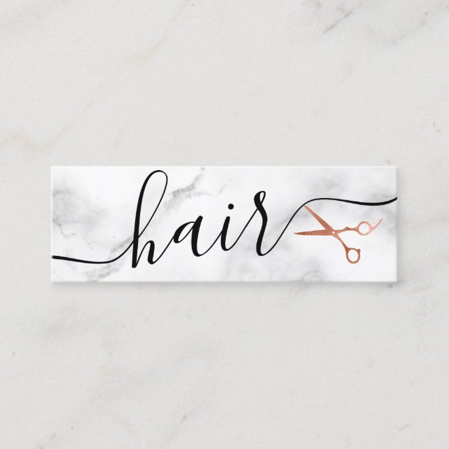 Elegant copper rose gold scissors hairstylist mini business card (Front)