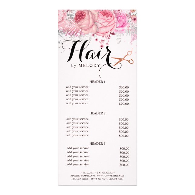 Elegant copper rose gold scissors hairstylist rack card (Front)
