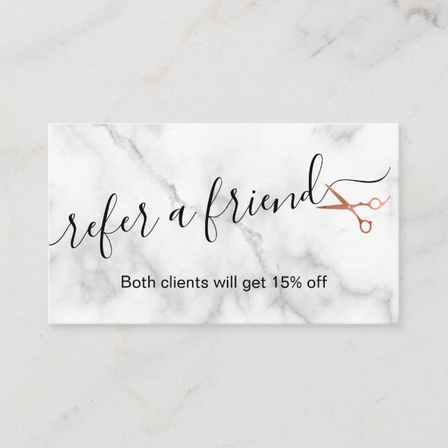 Elegant copper rose gold scissors hairstylist referral card (Front)