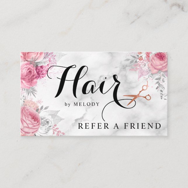 Elegant copper rose gold scissors hairstylist referral card (Front)