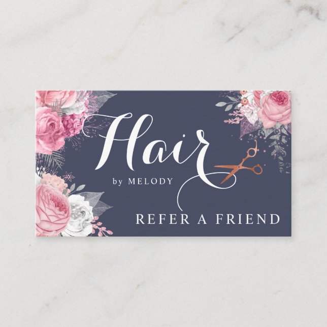 Elegant copper rose gold scissors hairstylist referral card (Front)