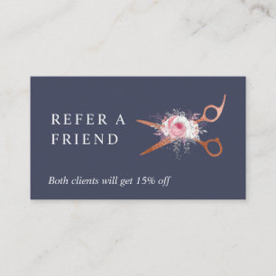 Elegant copper rose gold scissors hairstylist referral card