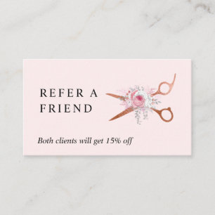 Elegant copper rose gold scissors hairstylist referral card