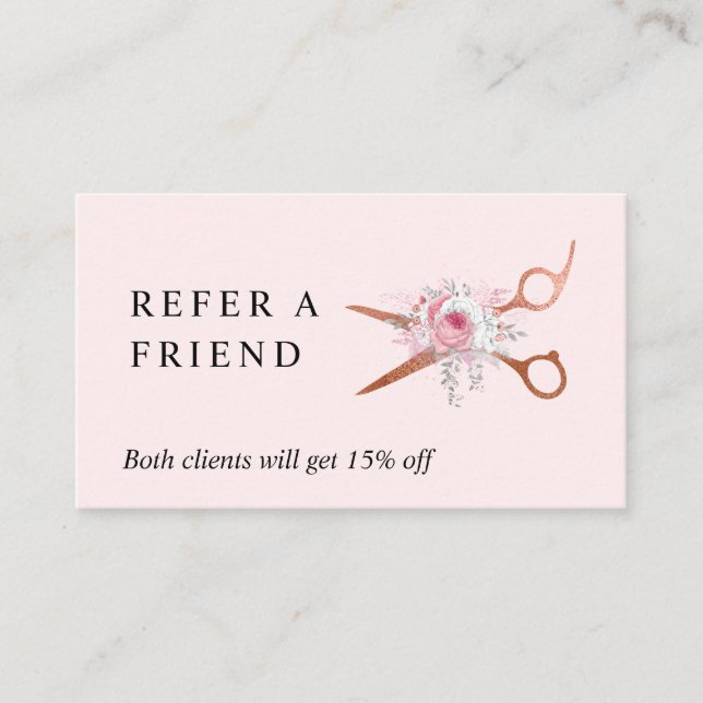 Elegant copper rose gold scissors hairstylist referral card (Front)