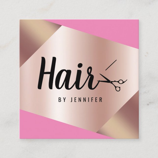 Elegant copper rose gold scissors hairstylist square business card (Front)