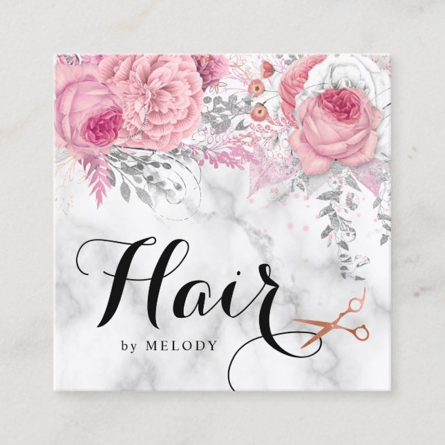 Elegant copper rose gold scissors hairstylist square business card (Front)