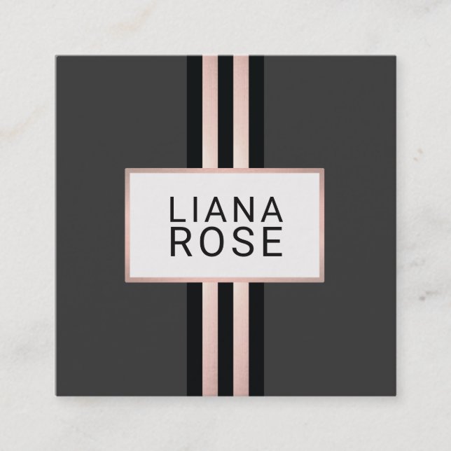 Elegant Copper Rose Gold Striped Black Square Square Business Card (Front)