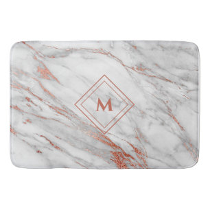 Elegant Copper Rose Gold & White Marble  Monogram Bath Mat