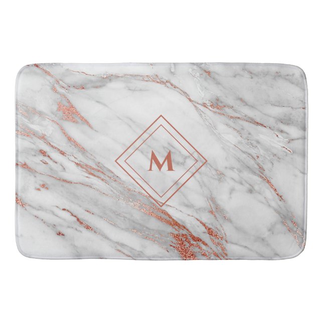 Elegant Copper Rose Gold & White Marble |Monogram Bath Mat (Front)