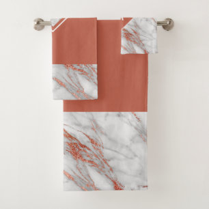 Elegant Copper Rose Gold & White Marble  Monogram Bath Towel Set