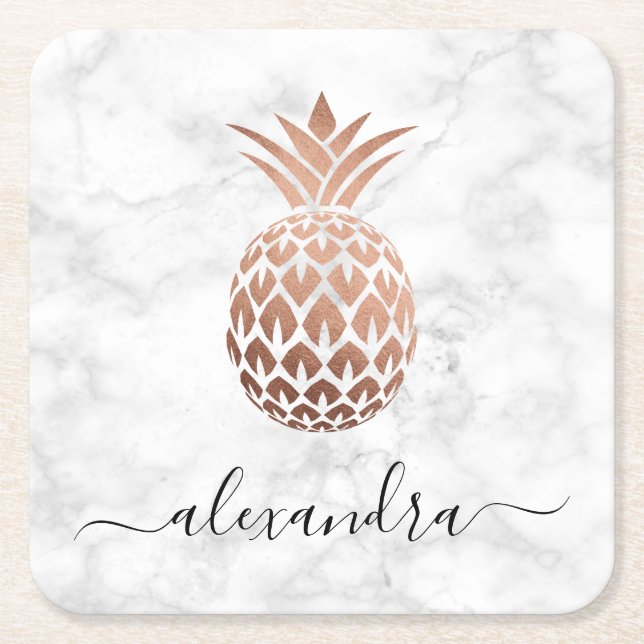 Elegant copper rose gold white marble pineapple square paper coaster (Front)