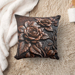 Elegant Copper Roses on Artisan Leather Craft Cushion