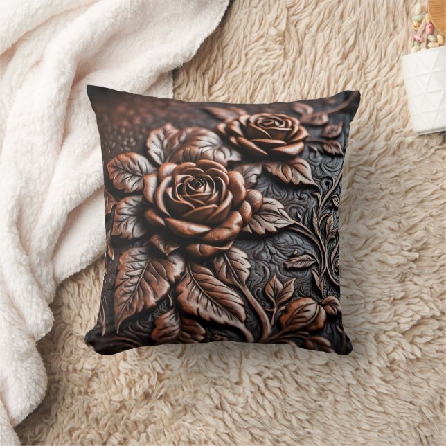 Elegant Copper Roses on Artisan Leather Craft Cushion (Blanket)