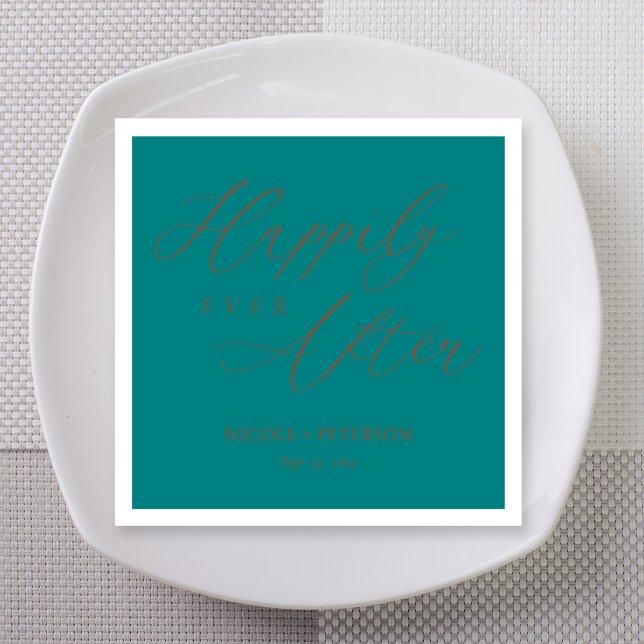 Elegant Copper Script Teal Wedding Napkin (Teal wedding napkin, "Happily Ever After" in copper flourish calligraphy, personalized names)