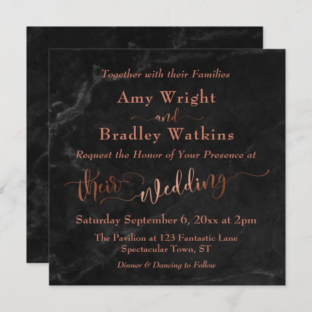 Elegant Copper Script w/ Black Marble | Wedding Invitation (Front/Back)