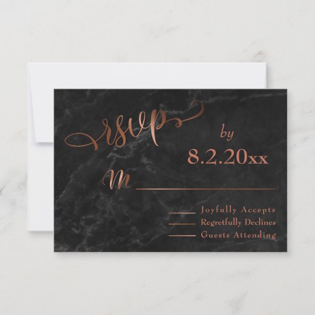 Elegant Copper Script w/ Black Marble Wedding RSVP Card (Front)