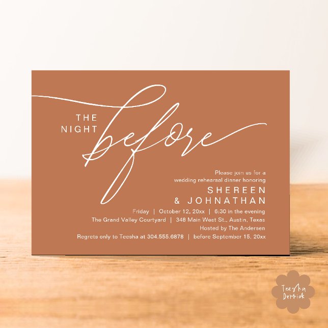 Elegant Copper Script Wedding Rehearsal Dinner Invitation (Elegant Script Wedding Rehearsal Dinner Invitation Card in Copper Brown Terracotta)