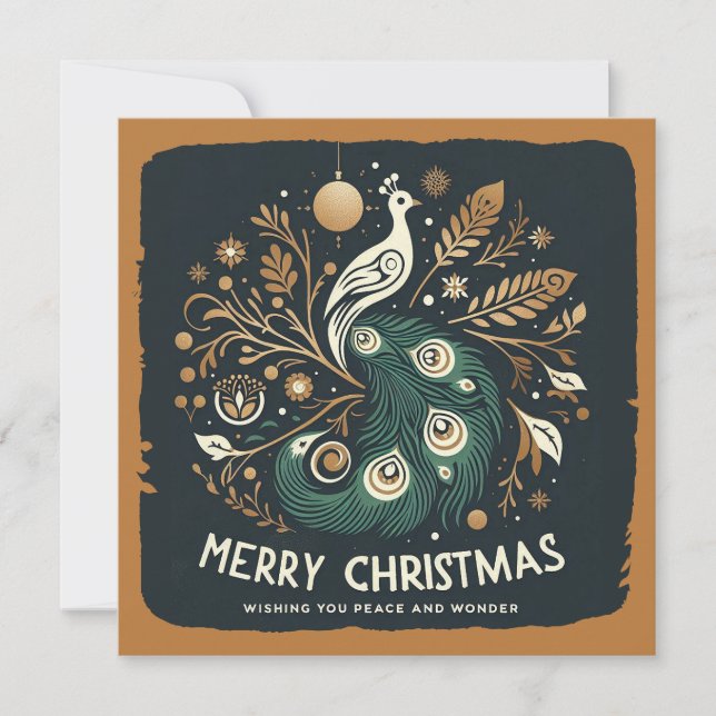 Elegant Copper Stylised Peacock Merry Christmas  Holiday Card (Front)