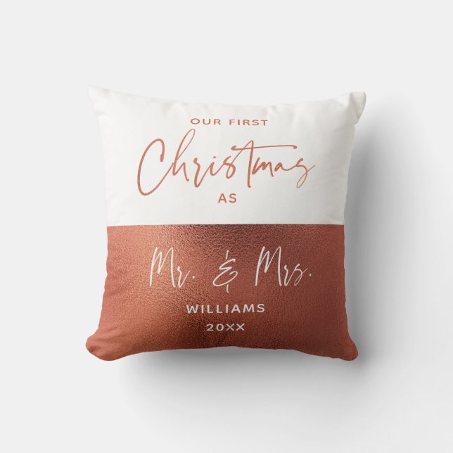 Elegant Copper & White 1st Christmas Mr Mrs Photo Cushion (Front)