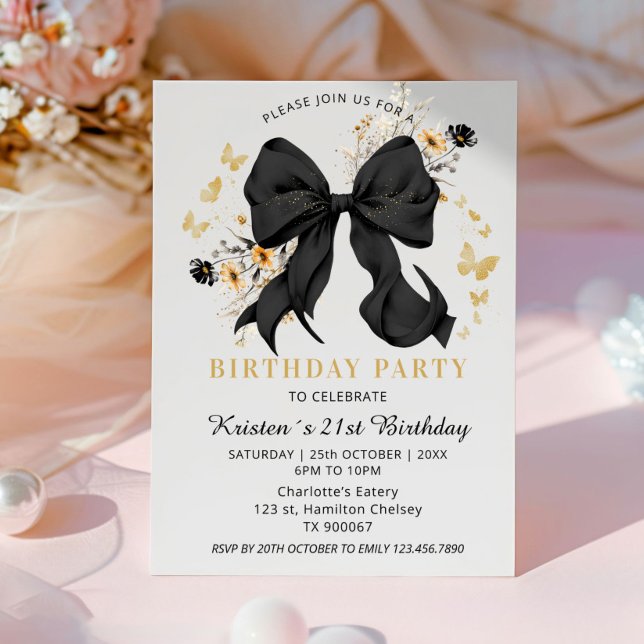 Elegant Coquette Black Bow Wildflowers Invitation (Elegant Black and Gold Birthday invitation card)