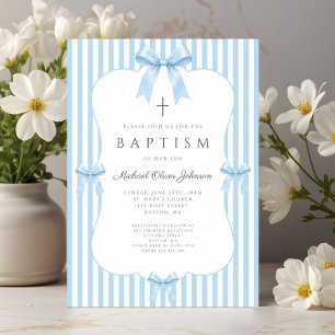 Elegant Coquette Blue Bow Boy Baptism Invitation