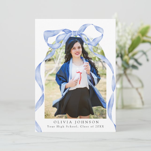 Elegant Coquette Blue Bow Photo Graduation Party Invitation (Standing Front)