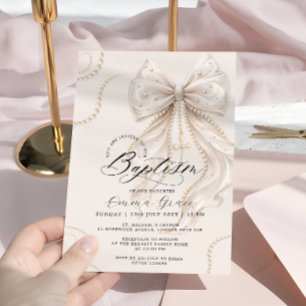 Elegant Coquette Bow and Pearl Baptism Invitation