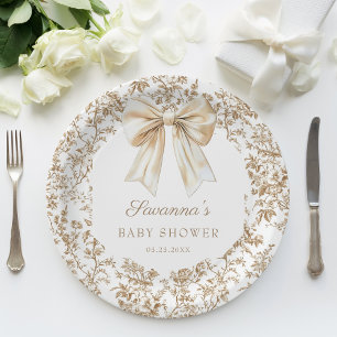 Elegant Coquette Bow & Chinoiserie Baby Shower Paper Plate